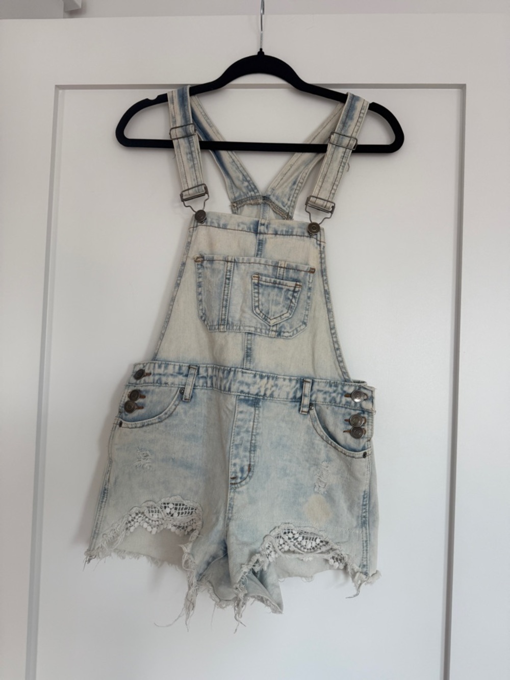 Hot Kiss Bleached Denim Short Overalls Size 4 Lace Distressed Summer Romper